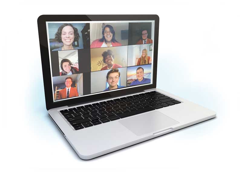 Laptop computer showing 9 people in a virtual meeting. 