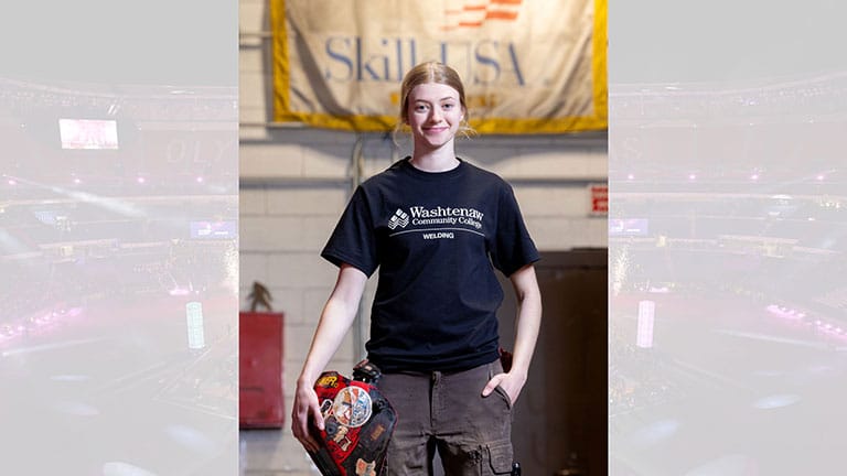 Mikayla Sposito poses with a welding helmet.